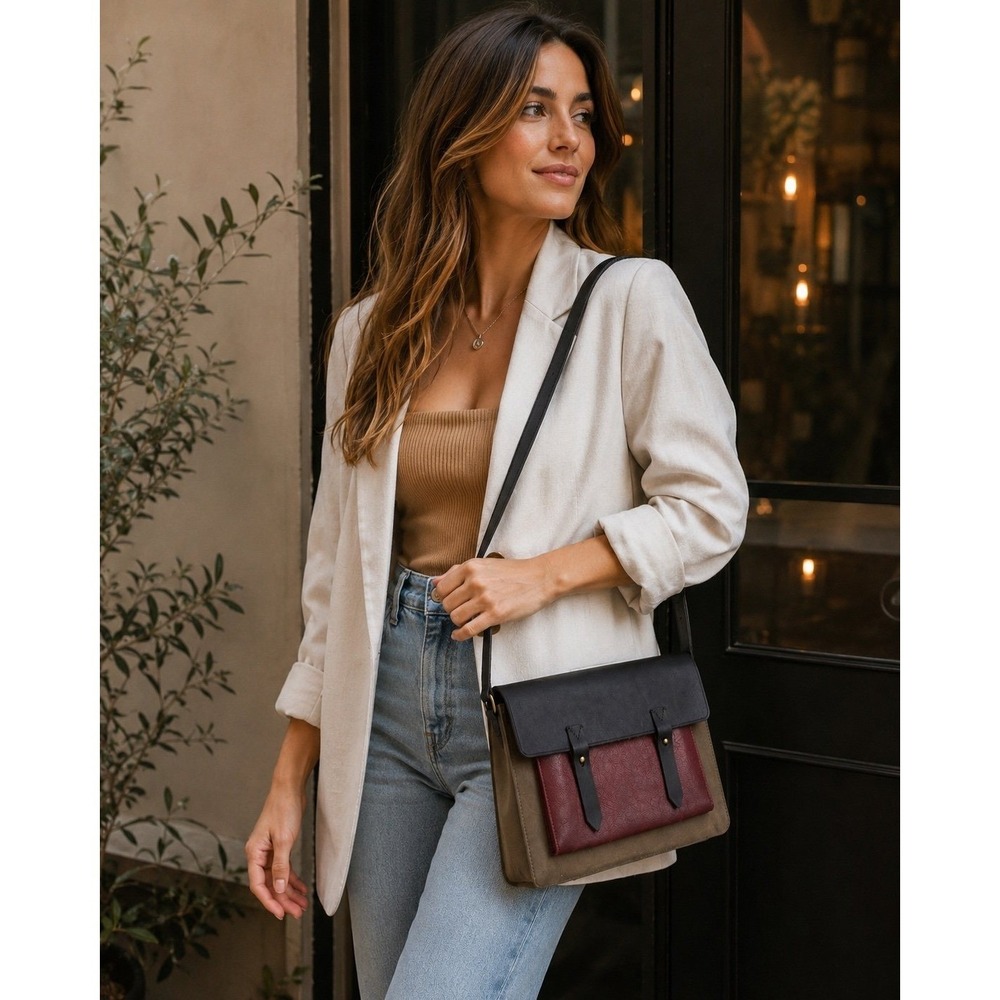 Madewell Leather Colorblock Satchel Crossbody Messenger Bag Burgundy